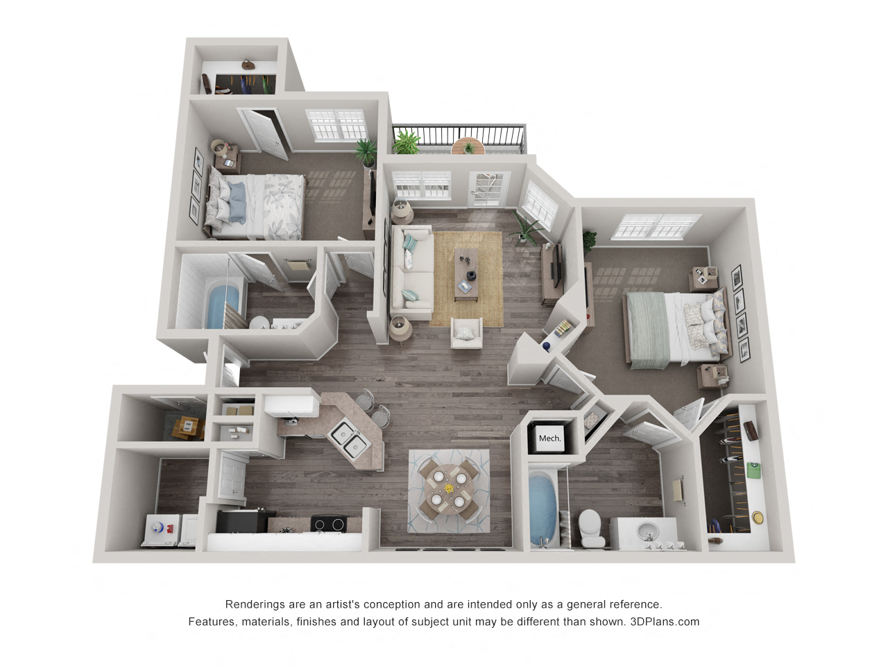 Floor plan for 2 beds, 2 baths, 1095 sqft